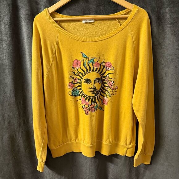 Pretty Rebel L Mustard Yellow Sun Graphic Sweatshirt Boho Celestial Slouchy Top - Picture 1 of 10